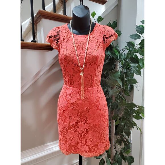 Signature Dresses & Skirts - Signature8 Women Red Lace Floral Open Back Short Sleeve Knee Length Dress Small
